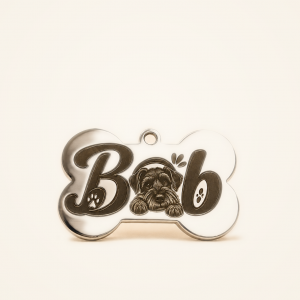 Plaquita Retrato personalizada para mascota con diseño de Bob en acero inoxidable plata