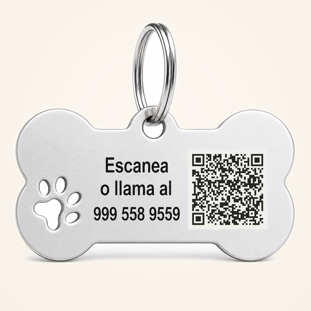 Reverso de Plaquita Retrato Inteligente en plata con código QR y teléfono de contacto