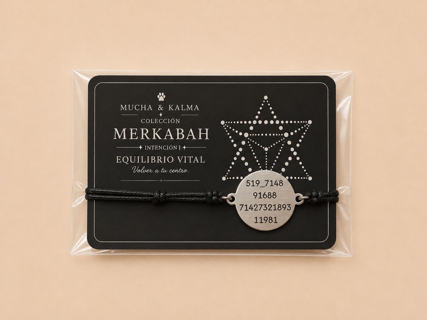 Frente de la Pulsera Merkabah Equilibrio Vital con su empaque