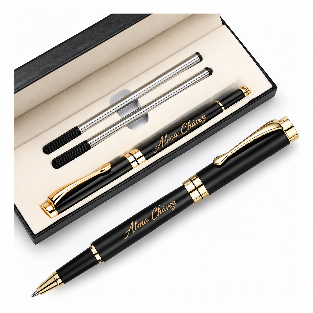 Pluma negra con detalles dorados y personalización individual