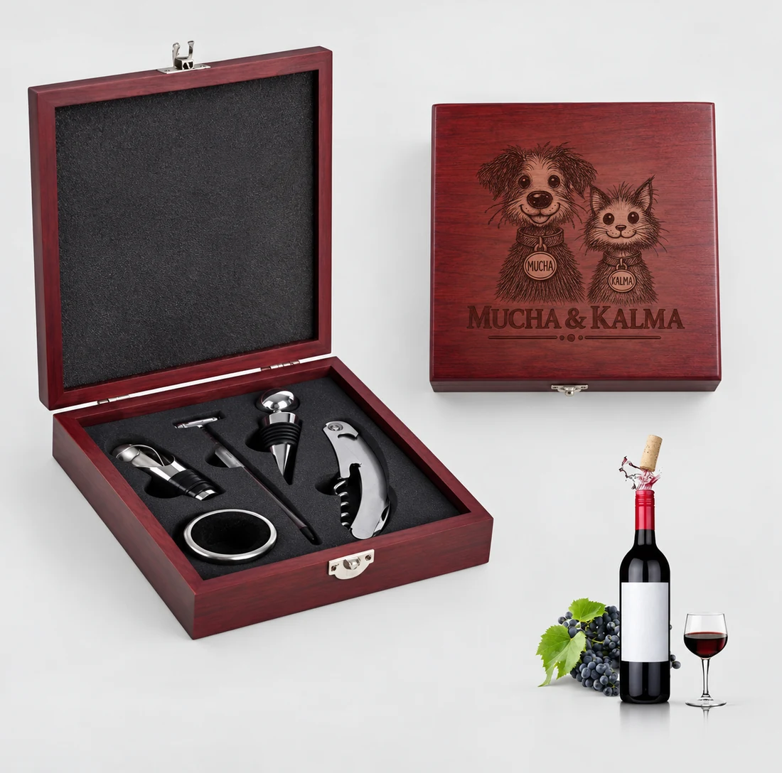 Set de vino personalizado en caja de madera para regalos corporativos
