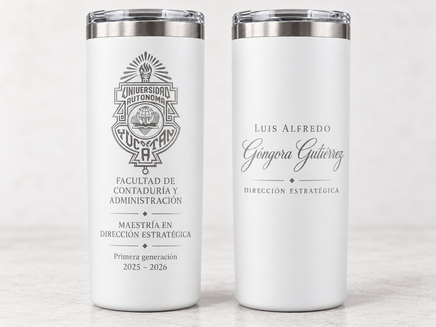 Termo blanco personalizado con grabado plata