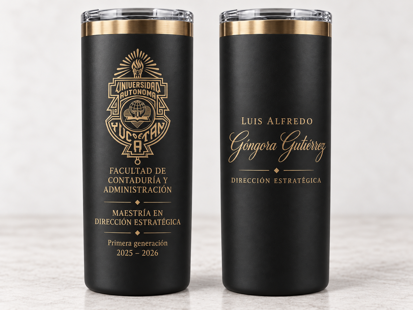 Termo negro con grabado dorado
